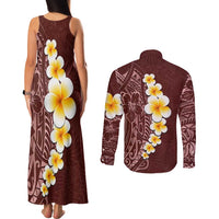 Oxblood Tropical Plumeria With Galaxy Polynesian Art Couples Matching Tank Maxi Dress and Long Sleeve Button Shirt LT14 - Polynesian Pride