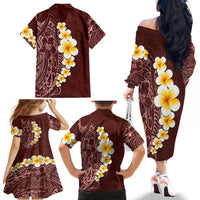 Oxblood Tropical Plumeria With Galaxy Polynesian Art Family Matching Off The Shoulder Long Sleeve Dress and Hawaiian Shirt LT14 - Polynesian Pride