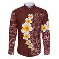 Oxblood Tropical Plumeria With Galaxy Polynesian Art Family Matching Off Shoulder Short Dress and Hawaiian Shirt LT14 Dad's Shirt - Long Sleeve Oxblood - Polynesian Pride