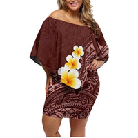 Oxblood Tropical Plumeria With Galaxy Polynesian Art Family Matching Off Shoulder Short Dress and Hawaiian Shirt LT14 Mom's Dress Oxblood - Polynesian Pride