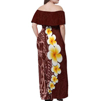 Oxblood Tropical Plumeria With Galaxy Polynesian Art Off Shoulder Maxi Dress