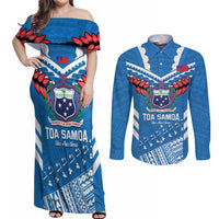 Custom Toa Samoa Rugby Couples Matching Off Shoulder Maxi Dress and Long Sleeve Button Shirt Samoan Siva Tau Uso Aso Uma LT14 Blue - Polynesian Pride