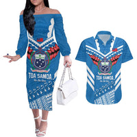 Custom Toa Samoa Rugby Couples Matching Off The Shoulder Long Sleeve Dress and Hawaiian Shirt Samoan Siva Tau Uso Aso Uma LT14 Blue - Polynesian Pride