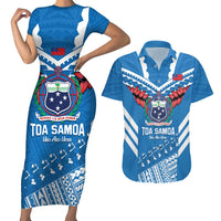 Custom Toa Samoa Rugby Couples Matching Short Sleeve Bodycon Dress and Hawaiian Shirt Samoan Siva Tau Uso Aso Uma LT14 Blue - Polynesian Pride
