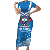 Custom Toa Samoa Rugby Family Matching Short Sleeve Bodycon Dress and Hawaiian Shirt Samoan Siva Tau Uso Aso Uma LT14 Mom's Dress Blue - Polynesian Pride