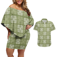 Vesuvian Green Palaka Quilt Hawaii Couples Matching Off Shoulder Short Dress and Hawaiian Shirt Traditional Hawaii-plaid Pattern LT14 Vesuvian Green - Polynesian Pride