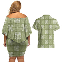 Vesuvian Green Palaka Quilt Hawaii Couples Matching Off Shoulder Short Dress and Hawaiian Shirt Traditional Hawaii-plaid Pattern LT14 - Polynesian Pride