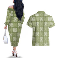 Vesuvian Green Palaka Quilt Hawaii Couples Matching Off The Shoulder Long Sleeve Dress and Hawaiian Shirt Traditional Hawaii-plaid Pattern LT14 - Polynesian Pride
