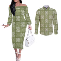 Vesuvian Green Palaka Quilt Hawaii Couples Matching Off The Shoulder Long Sleeve Dress and Long Sleeve Button Shirt Traditional Hawaii-plaid Pattern LT14 Vesuvian Green - Polynesian Pride
