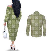 Vesuvian Green Palaka Quilt Hawaii Couples Matching Off The Shoulder Long Sleeve Dress and Long Sleeve Button Shirt Traditional Hawaii-plaid Pattern LT14 - Polynesian Pride
