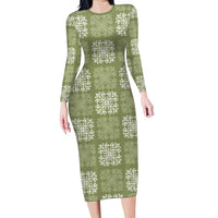 Vesuvian Green Palaka Quilt Hawaii Family Matching Long Sleeve Bodycon Dress and Hawaiian Shirt Traditional Hawaii-plaid Pattern LT14 Mom's Dress Vesuvian Green - Polynesian Pride
