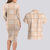 Beige Palaka Quilt Hawaii Couples Matching Long Sleeve Bodycon Dress and Hawaiian Shirt Traditional Hawaii-plaid Pattern LT14 - Polynesian Pride