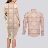 Beige Palaka Quilt Hawaii Couples Matching Long Sleeve Bodycon Dress and Long Sleeve Button Shirt Traditional Hawaii-plaid Pattern LT14 - Polynesian Pride