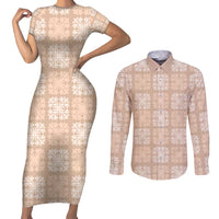 Beige Palaka Quilt Hawaii Couples Matching Short Sleeve Bodycon Dress and Long Sleeve Button Shirt Traditional Hawaii-plaid Pattern LT14 Beige - Polynesian Pride