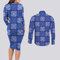 Royal Blue Palaka Quilt Hawaii Couples Matching Long Sleeve Bodycon Dress and Long Sleeve Button Shirt Traditional Hawaii-plaid Pattern LT14 - Polynesian Pride