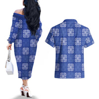 Royal Blue Palaka Quilt Hawaii Couples Matching Off The Shoulder Long Sleeve Dress and Hawaiian Shirt Traditional Hawaii-plaid Pattern LT14 - Polynesian Pride