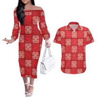 Red Palaka Quilt Hawaii Couples Matching Off The Shoulder Long Sleeve Dress and Hawaiian Shirt Traditional Hawaii-plaid Pattern LT14 Red - Polynesian Pride