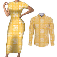 Yellow Palaka Quilt Hawaii Couples Matching Short Sleeve Bodycon Dress and Long Sleeve Button Shirt Traditional Hawaii-plaid Pattern LT14 Yellow - Polynesian Pride