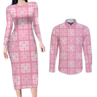 Pink Palaka Quilt Hawaii Couples Matching Long Sleeve Bodycon Dress and Long Sleeve Button Shirt Traditional Hawaii-plaid Pattern LT14 Pink - Polynesian Pride