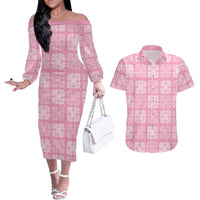 Pink Palaka Quilt Hawaii Couples Matching Off The Shoulder Long Sleeve Dress and Hawaiian Shirt Traditional Hawaii-plaid Pattern LT14 Pink - Polynesian Pride