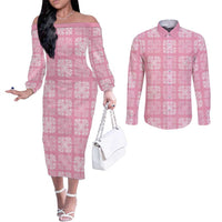 Pink Palaka Quilt Hawaii Couples Matching Off The Shoulder Long Sleeve Dress and Long Sleeve Button Shirt Traditional Hawaii-plaid Pattern LT14 Pink - Polynesian Pride