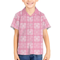 Pink Palaka Quilt Hawaii Family Matching Off The Shoulder Long Sleeve Dress and Hawaiian Shirt Traditional Hawaii-plaid Pattern LT14 Son's Shirt Pink - Polynesian Pride