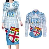 Fiji Day 1970 Couples Matching Long Sleeve Bodycon Dress and Long Sleeve Button Shirt Proud To Be A Fijian Tapa Pattern LT14 Blue - Polynesian Pride