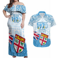 Fiji Day 1970 Couples Matching Off Shoulder Maxi Dress and Hawaiian Shirt Proud To Be A Fijian Tapa Pattern LT14 Blue - Polynesian Pride
