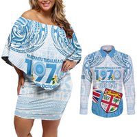 Fiji Day 1970 Couples Matching Off Shoulder Short Dress and Long Sleeve Button Shirt Proud To Be A Fijian Tapa Pattern LT14 Blue - Polynesian Pride