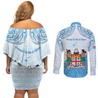 Fiji Day 1970 Couples Matching Off Shoulder Short Dress and Long Sleeve Button Shirt Proud To Be A Fijian Tapa Pattern LT14 - Polynesian Pride
