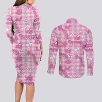 Alaka Aloha Hawaii Couples Matching Long Sleeve Bodycon Dress and Long Sleeve Button Shirt Plumeria Lei With Palaka Motif LT14 - Polynesian Pride