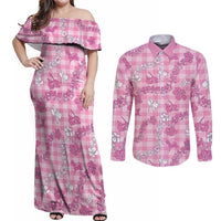 Alaka Aloha Hawaii Couples Matching Off Shoulder Maxi Dress and Long Sleeve Button Shirt Plumeria Lei With Palaka Motif LT14 Pink - Polynesian Pride