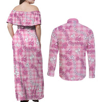 Alaka Aloha Hawaii Couples Matching Off Shoulder Maxi Dress and Long Sleeve Button Shirt Plumeria Lei With Palaka Motif LT14 - Polynesian Pride