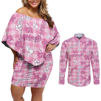 Alaka Aloha Hawaii Couples Matching Off Shoulder Short Dress and Long Sleeve Button Shirt Plumeria Lei With Palaka Motif LT14 Pink - Polynesian Pride
