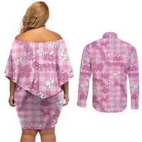 Alaka Aloha Hawaii Couples Matching Off Shoulder Short Dress and Long Sleeve Button Shirt Plumeria Lei With Palaka Motif LT14 - Polynesian Pride