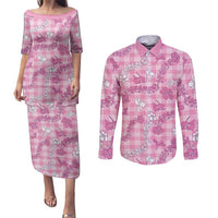 Alaka Aloha Hawaii Couples Matching Puletasi and Long Sleeve Button Shirt Plumeria Lei With Palaka Motif LT14 Pink - Polynesian Pride