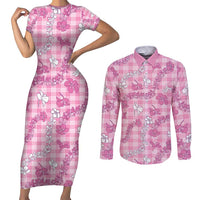 Alaka Aloha Hawaii Couples Matching Short Sleeve Bodycon Dress and Long Sleeve Button Shirt Plumeria Lei With Palaka Motif LT14 Pink - Polynesian Pride