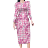 Alaka Aloha Hawaii Long Sleeve Bodycon Dress Plumeria Lei With Palaka Motif LT14 Long Dress Pink - Polynesian Pride