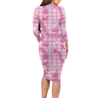Alaka Aloha Hawaii Long Sleeve Bodycon Dress Plumeria Lei With Palaka Motif LT14 - Polynesian Pride