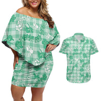 Omaomao Aloha Hawaii Couples Matching Off Shoulder Short Dress and Hawaiian Shirt Plumeria Lei With Palaka Motif LT14 Green - Polynesian Pride