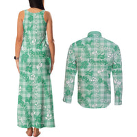 Omaomao Aloha Hawaii Couples Matching Tank Maxi Dress and Long Sleeve Button Shirt Plumeria Lei With Palaka Motif LT14 - Polynesian Pride