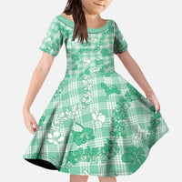 Omaomao Aloha Hawaii Family Matching Off The Shoulder Long Sleeve Dress and Hawaiian Shirt Plumeria Lei With Palaka Motif LT14 Daughter's Dress Green - Polynesian Pride