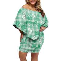 Omaomao Aloha Hawaii Family Matching Off Shoulder Short Dress and Hawaiian Shirt Plumeria Lei With Palaka Motif LT14 Mom's Dress Green - Polynesian Pride