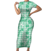 Omaomao Aloha Hawaii Family Matching Short Sleeve Bodycon Dress and Hawaiian Shirt Plumeria Lei With Palaka Motif LT14 Mom's Dress Green - Polynesian Pride