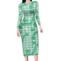Omaomao Aloha Hawaii Long Sleeve Bodycon Dress Plumeria Lei With Palaka Motif LT14 Long Dress Green - Polynesian Pride
