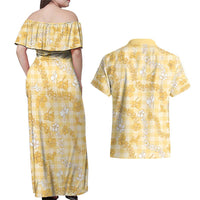Melemele Aloha Hawaii Couples Matching Off Shoulder Maxi Dress and Hawaiian Shirt Plumeria Lei With Palaka Motif LT14 - Polynesian Pride