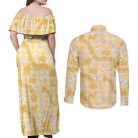 Melemele Aloha Hawaii Couples Matching Off Shoulder Maxi Dress and Long Sleeve Button Shirt Plumeria Lei With Palaka Motif LT14 - Polynesian Pride