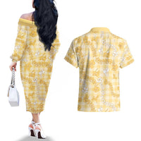 Melemele Aloha Hawaii Couples Matching Off The Shoulder Long Sleeve Dress and Hawaiian Shirt Plumeria Lei With Palaka Motif LT14 - Polynesian Pride