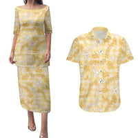 Melemele Aloha Hawaii Couples Matching Puletasi and Hawaiian Shirt Plumeria Lei With Palaka Motif LT14 Yellow - Polynesian Pride