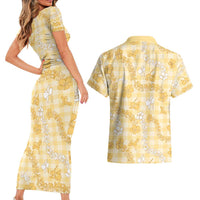 Melemele Aloha Hawaii Couples Matching Short Sleeve Bodycon Dress and Hawaiian Shirt Plumeria Lei With Palaka Motif LT14 - Polynesian Pride